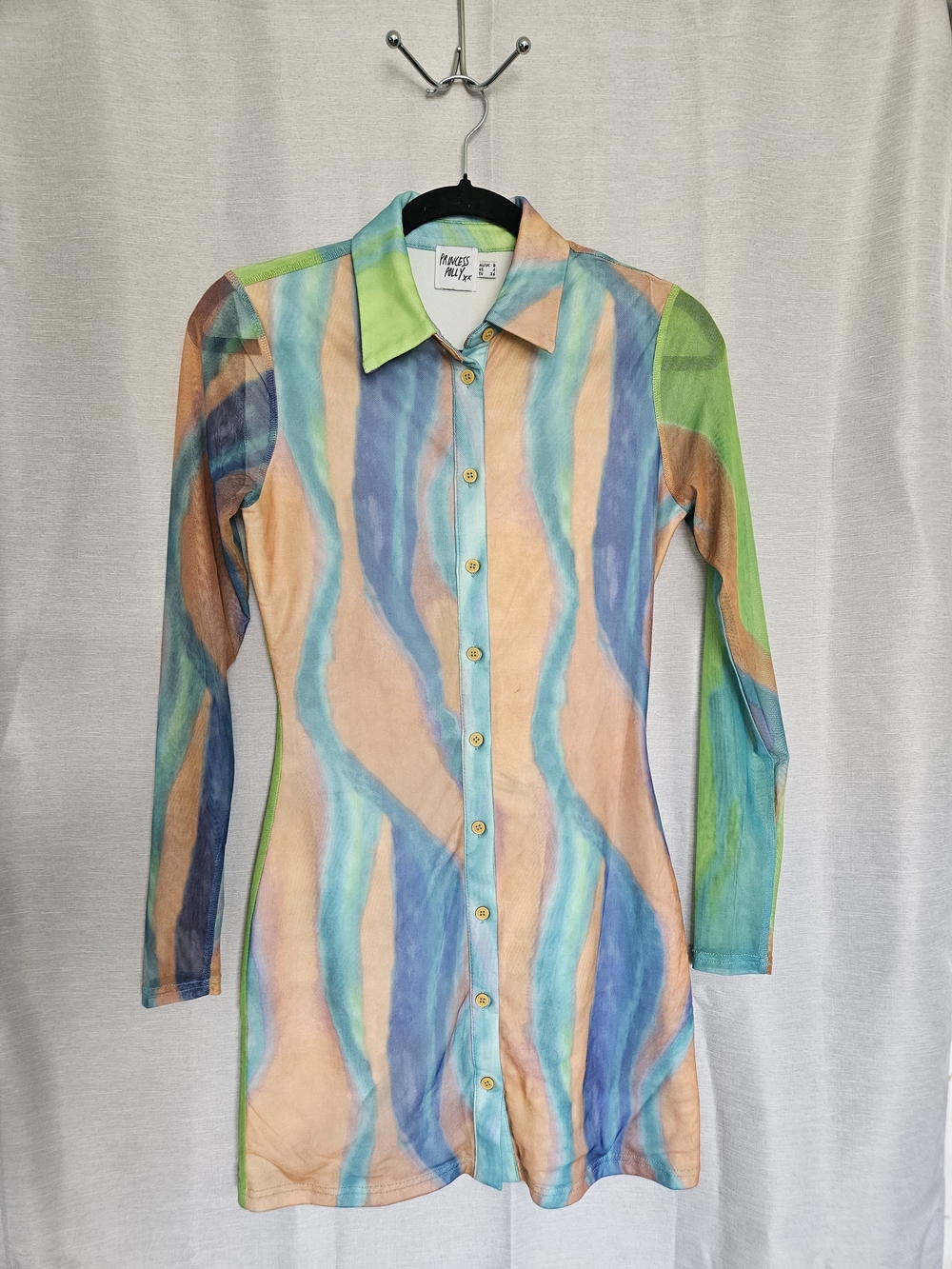 Princess Polly Pastel Watercolor Button-Up Shirt Dress US 4